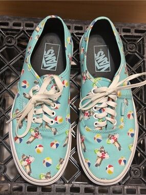 Vans Unisex Aqua Canvas Sneakers with Beach Ball & Cat Print